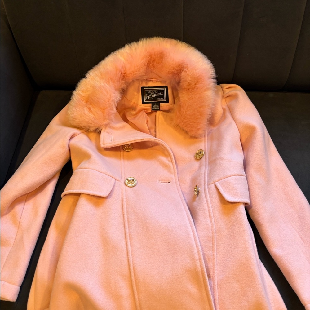 Rothschild Pink Pea Coat with Faux Fur Collar